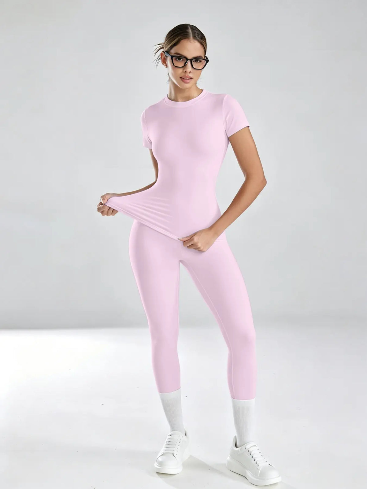 Women'S Sportswear Set, High Stretch Activewear, Yoga Sports Clothing, Slim-Fit round Neck Short Sleeves & High-Waisted Yoga Pants, Ideal for Gym Running Outdoor Activities