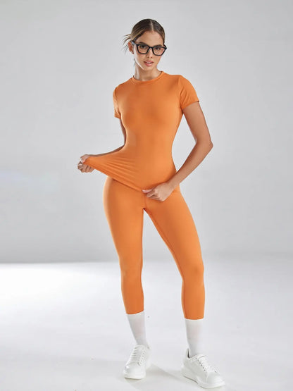 Women'S Sportswear Set, High Stretch Activewear, Yoga Sports Clothing, Slim-Fit round Neck Short Sleeves & High-Waisted Yoga Pants, Ideal for Gym Running Outdoor Activities