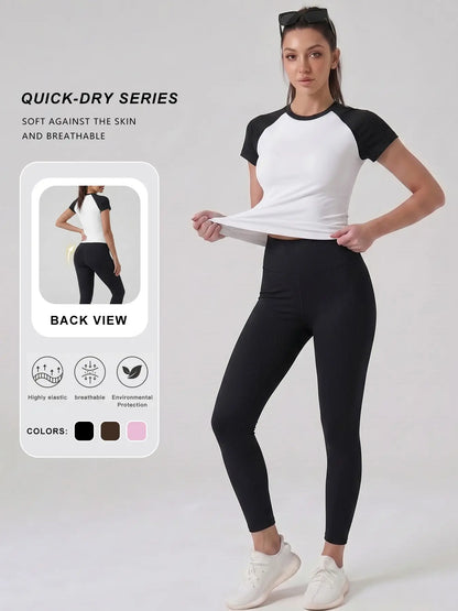Women'S Sportswear Set, High Stretch Activewear, Yoga Sports Clothing, Slim-Fit round Neck Short Sleeves & High-Waisted Yoga Pants, Ideal for Gym Running Outdoor Activities