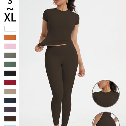 Women'S Sportswear Set, High Stretch Activewear, Yoga Sports Clothing, Slim-Fit round Neck Short Sleeves & High-Waisted Yoga Pants, Ideal for Gym Running Outdoor Activities