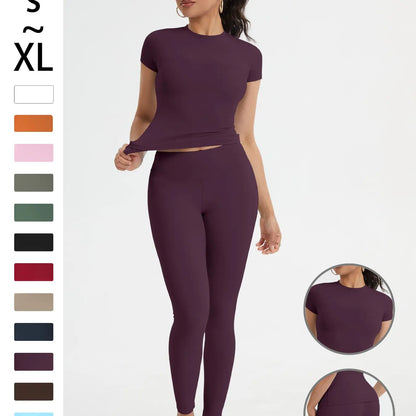 Women'S Sportswear Set, High Stretch Activewear, Yoga Sports Clothing, Slim-Fit round Neck Short Sleeves & High-Waisted Yoga Pants, Ideal for Gym Running Outdoor Activities