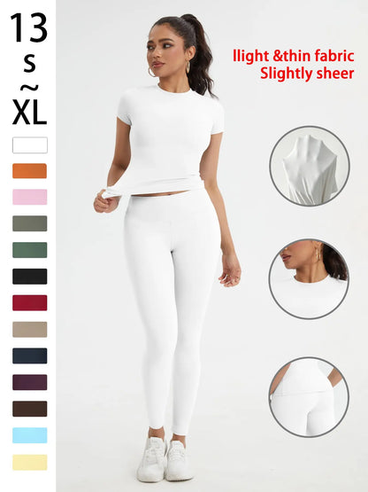 Women'S Sportswear Set, High Stretch Activewear, Yoga Sports Clothing, Slim-Fit round Neck Short Sleeves & High-Waisted Yoga Pants, Ideal for Gym Running Outdoor Activities