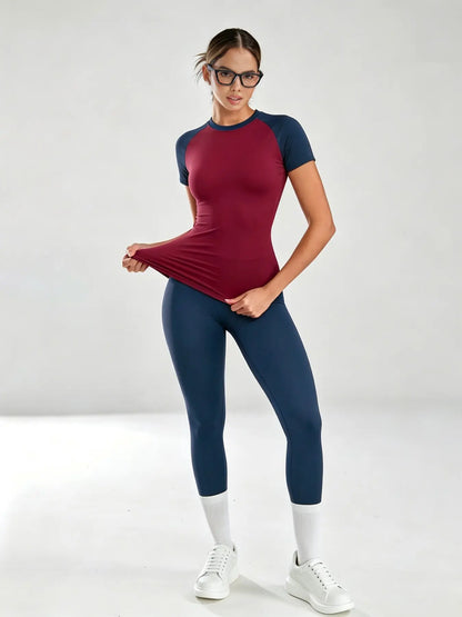 Women'S Sportswear Set, High Stretch Activewear, Yoga Sports Clothing, Slim-Fit round Neck Short Sleeves & High-Waisted Yoga Pants, Ideal for Gym Running Outdoor Activities