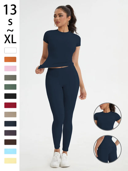 Women'S Sportswear Set, High Stretch Activewear, Yoga Sports Clothing, Slim-Fit round Neck Short Sleeves & High-Waisted Yoga Pants, Ideal for Gym Running Outdoor Activities