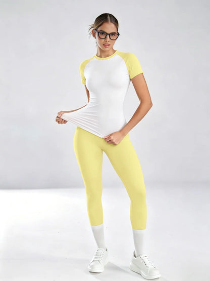 Women'S Sportswear Set, High Stretch Activewear, Yoga Sports Clothing, Slim-Fit round Neck Short Sleeves & High-Waisted Yoga Pants, Ideal for Gym Running Outdoor Activities