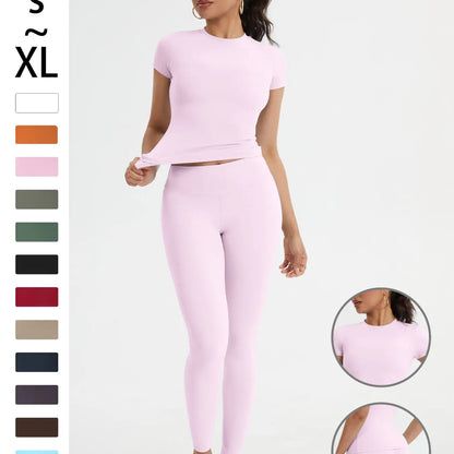 Women'S Sportswear Set, High Stretch Activewear, Yoga Sports Clothing, Slim-Fit round Neck Short Sleeves & High-Waisted Yoga Pants, Ideal for Gym Running Outdoor Activities