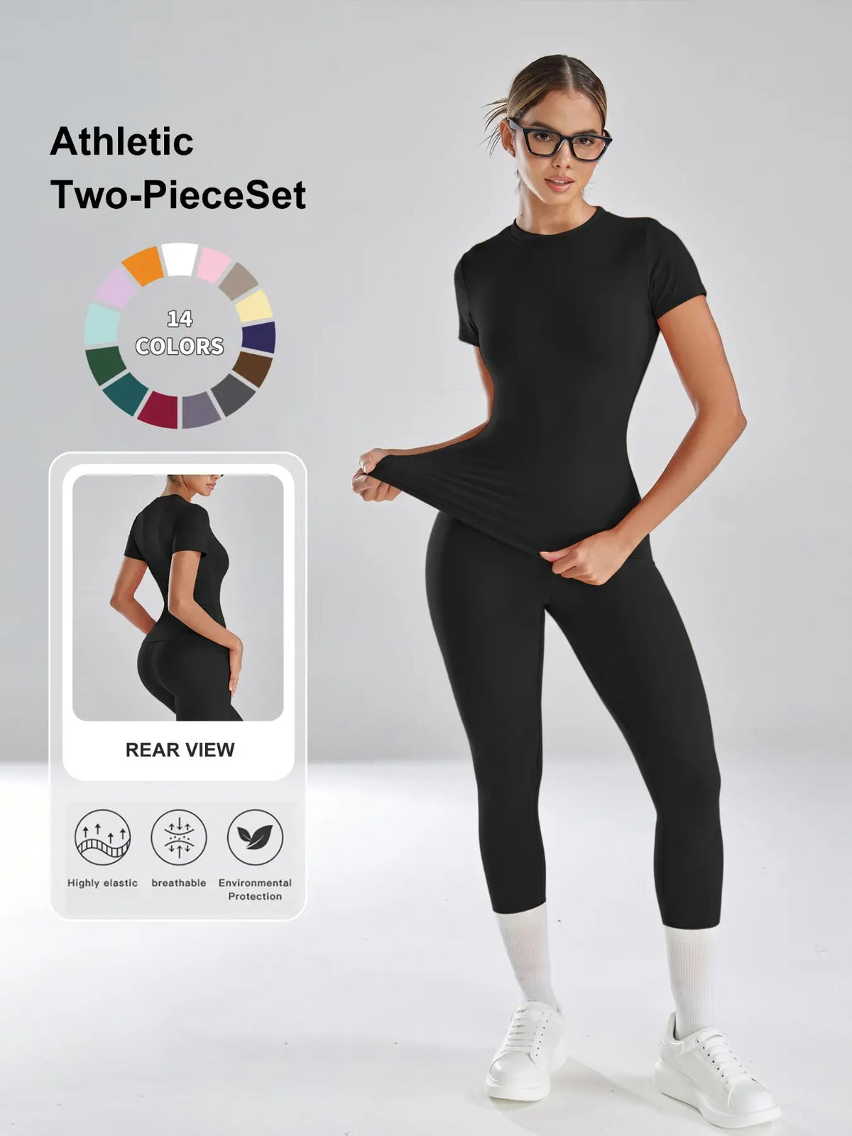 Women'S Sportswear Set, High Stretch Activewear, Yoga Sports Clothing, Slim-Fit round Neck Short Sleeves & High-Waisted Yoga Pants, Ideal for Gym Running Outdoor Activities