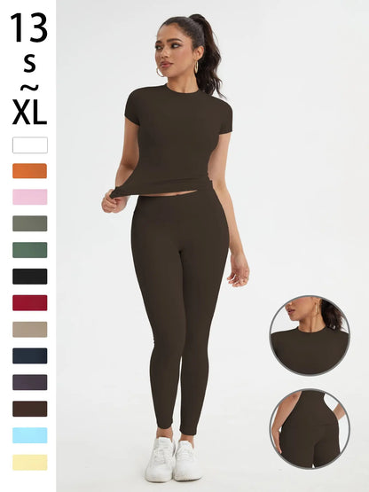 Women'S Sportswear Set, High Stretch Activewear, Yoga Sports Clothing, Slim-Fit round Neck Short Sleeves & High-Waisted Yoga Pants, Ideal for Gym Running Outdoor Activities