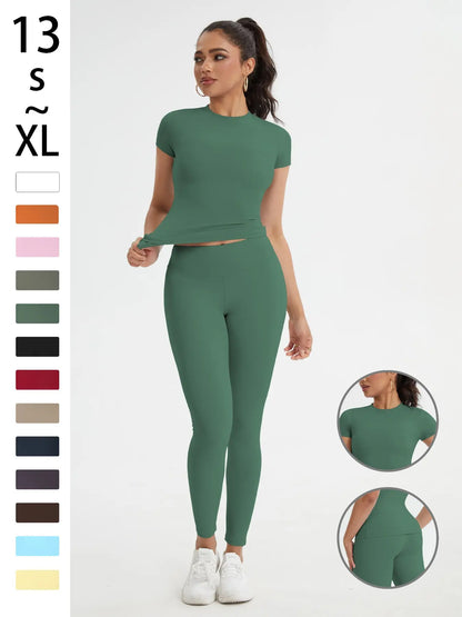Women'S Sportswear Set, High Stretch Activewear, Yoga Sports Clothing, Slim-Fit round Neck Short Sleeves & High-Waisted Yoga Pants, Ideal for Gym Running Outdoor Activities