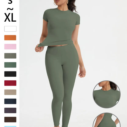 Women'S Sportswear Set, High Stretch Activewear, Yoga Sports Clothing, Slim-Fit round Neck Short Sleeves & High-Waisted Yoga Pants, Ideal for Gym Running Outdoor Activities