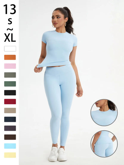 Women'S Sportswear Set, High Stretch Activewear, Yoga Sports Clothing, Slim-Fit round Neck Short Sleeves & High-Waisted Yoga Pants, Ideal for Gym Running Outdoor Activities