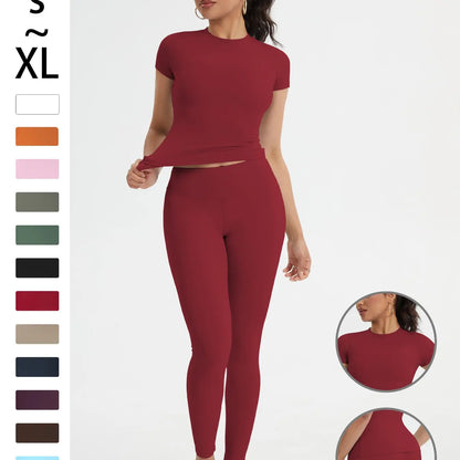 Women'S Sportswear Set, High Stretch Activewear, Yoga Sports Clothing, Slim-Fit round Neck Short Sleeves & High-Waisted Yoga Pants, Ideal for Gym Running Outdoor Activities