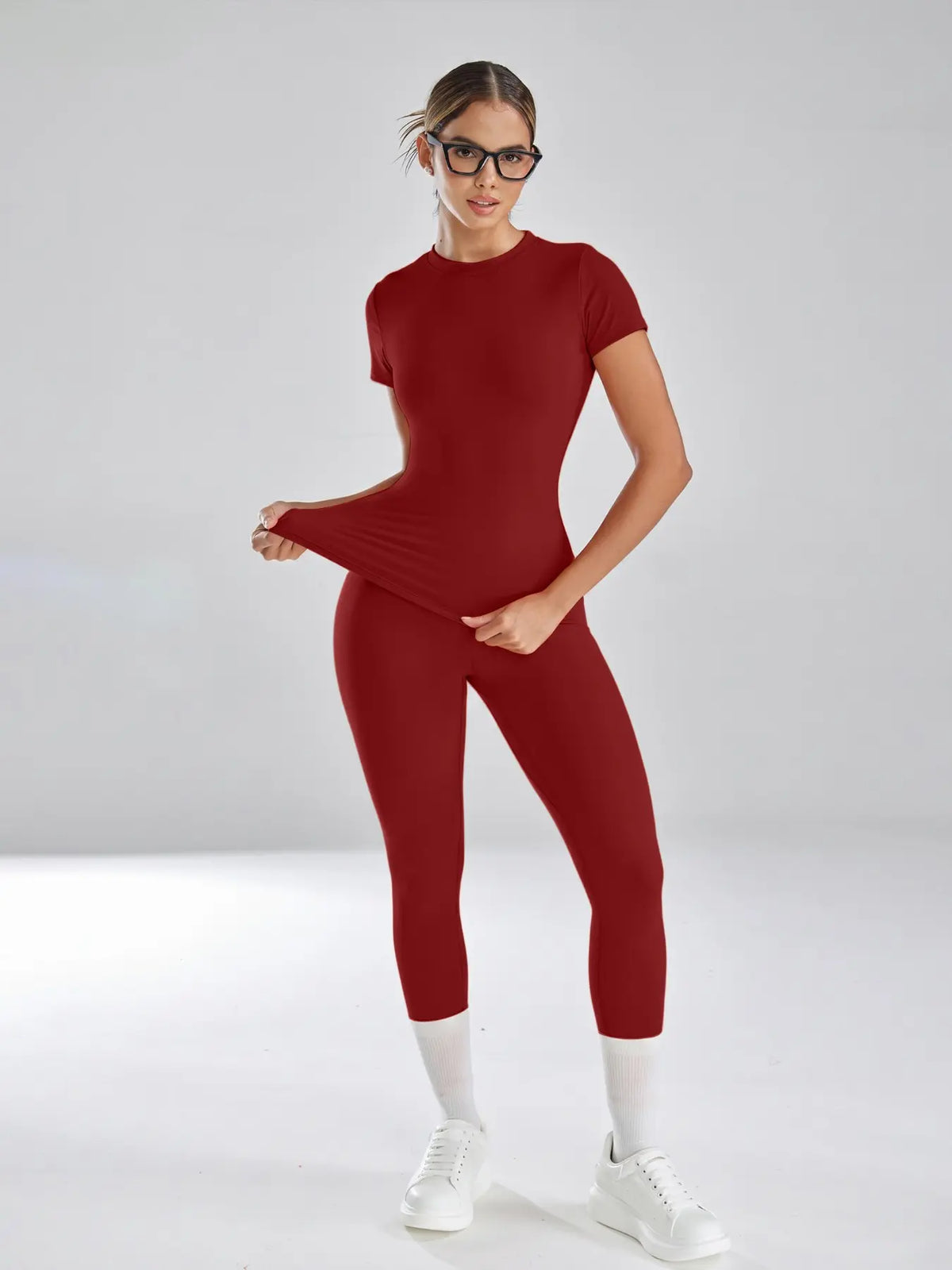 Women'S Sportswear Set, High Stretch Activewear, Yoga Sports Clothing, Slim-Fit round Neck Short Sleeves & High-Waisted Yoga Pants, Ideal for Gym Running Outdoor Activities