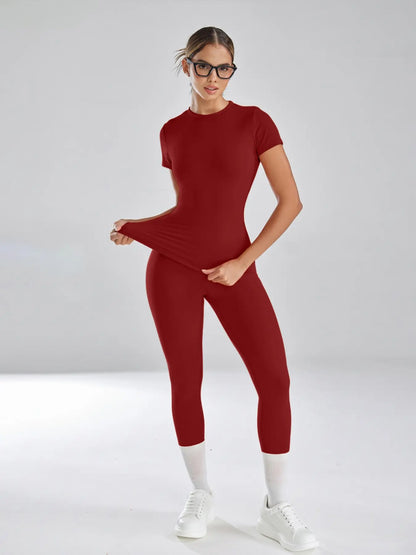 Women'S Sportswear Set, High Stretch Activewear, Yoga Sports Clothing, Slim-Fit round Neck Short Sleeves & High-Waisted Yoga Pants, Ideal for Gym Running Outdoor Activities