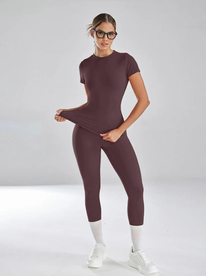 Women'S Sportswear Set, High Stretch Activewear, Yoga Sports Clothing, Slim-Fit round Neck Short Sleeves & High-Waisted Yoga Pants, Ideal for Gym Running Outdoor Activities