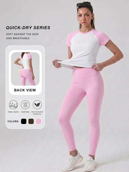 Women'S Sportswear Set, High Stretch Activewear, Yoga Sports Clothing, Slim-Fit round Neck Short Sleeves & High-Waisted Yoga Pants, Ideal for Gym Running Outdoor Activities