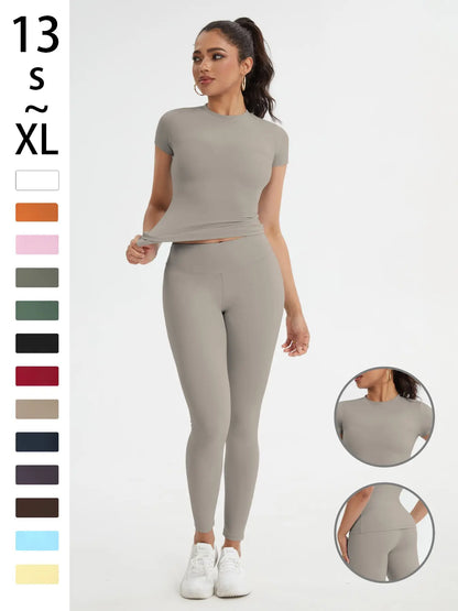 Women'S Sportswear Set, High Stretch Activewear, Yoga Sports Clothing, Slim-Fit round Neck Short Sleeves & High-Waisted Yoga Pants, Ideal for Gym Running Outdoor Activities